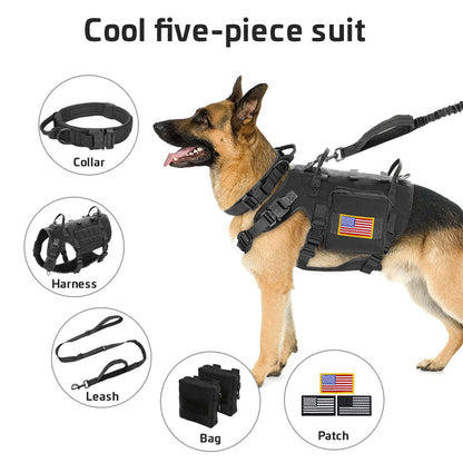 Tactical Dog Collar Harness Leash Nylon Military Pet Training Harness Vest With Bag For Medium Large Dogs Molle Harness Pouches